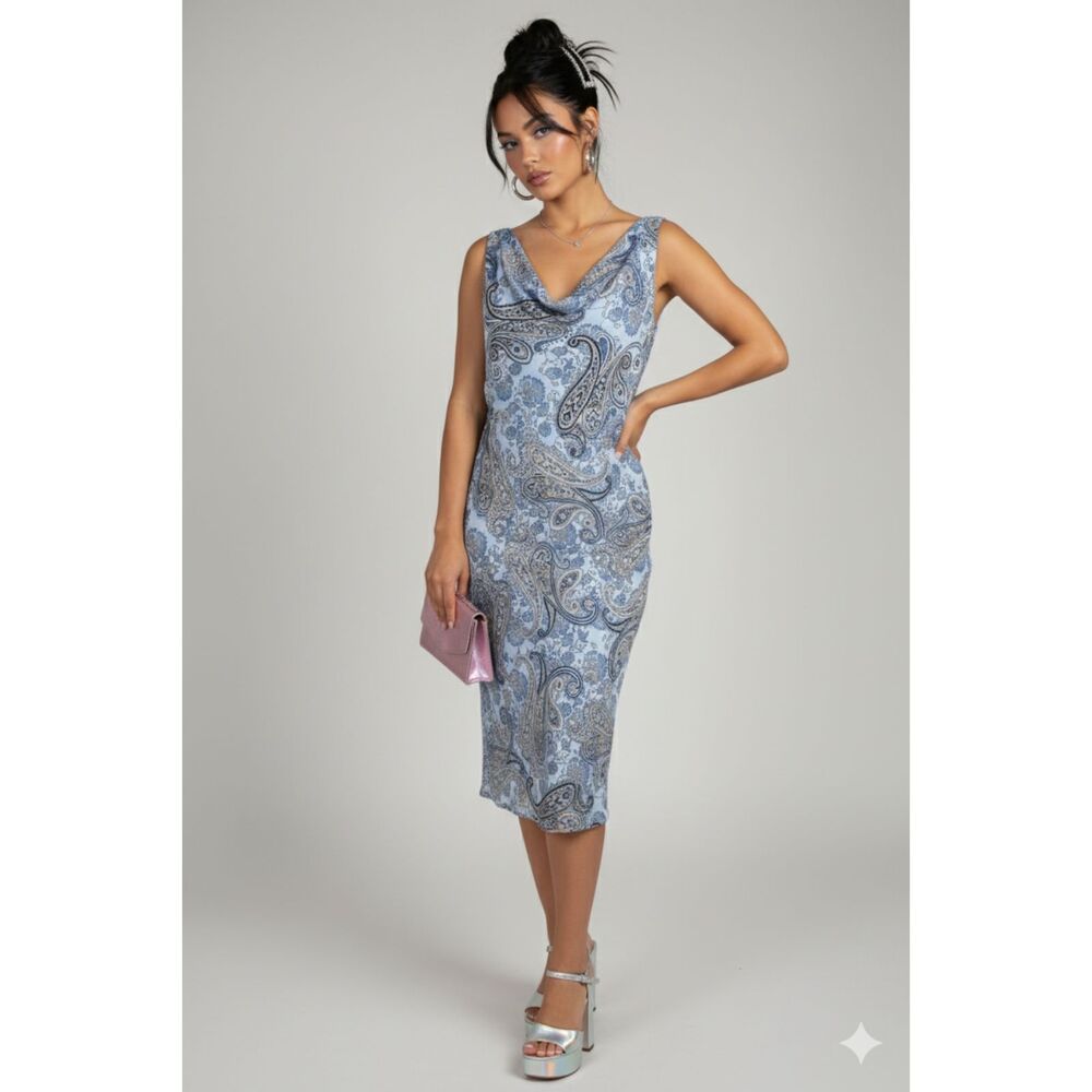 VTG Y2K Faith Love & Passion Blue Paisley Cowl Neck Sleeveless Midi Dress Sz 8